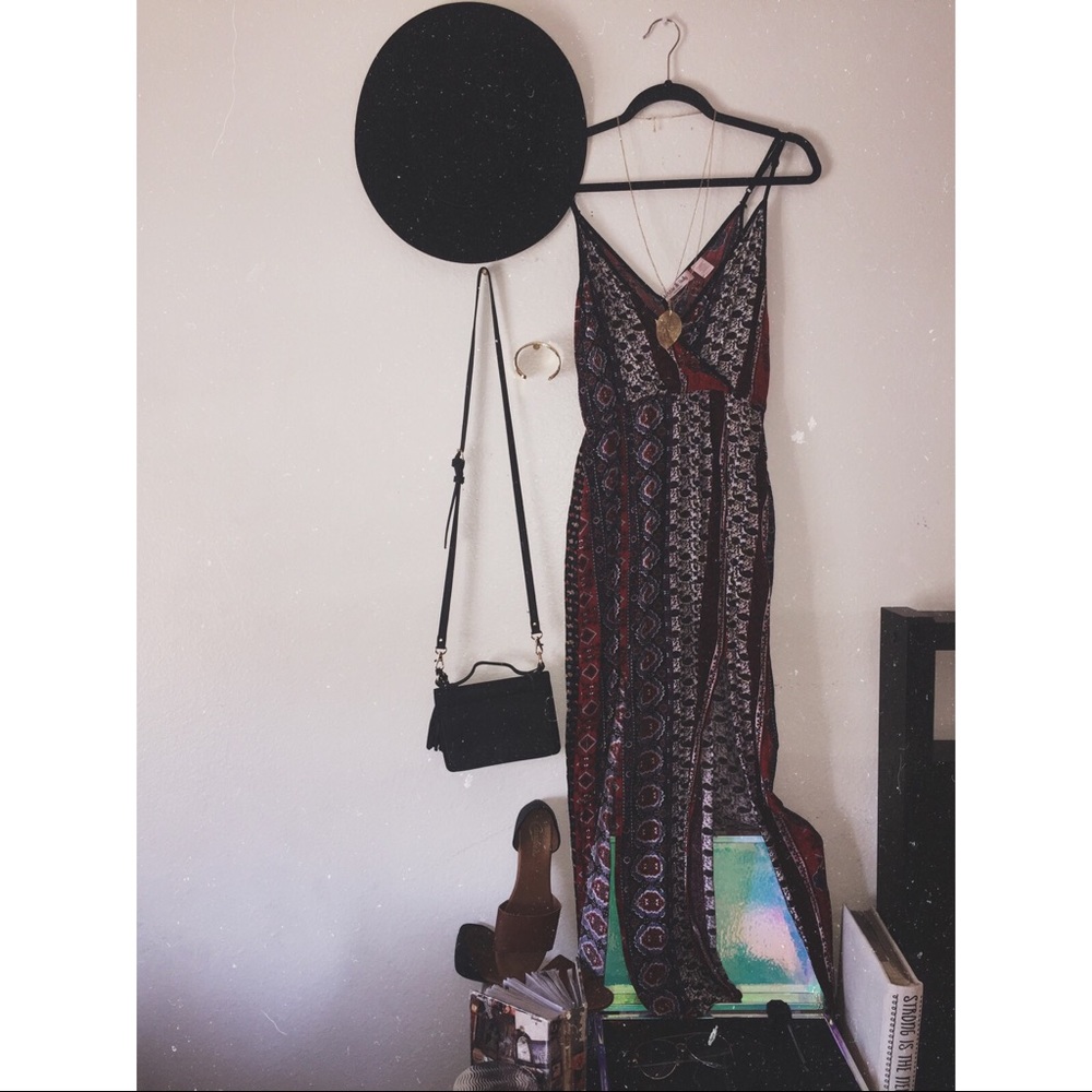 Burgundy dress with slits on each side.